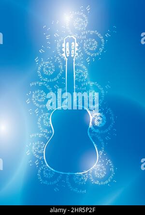 light contour of guitar with music notes on blue vector background Stock Vector