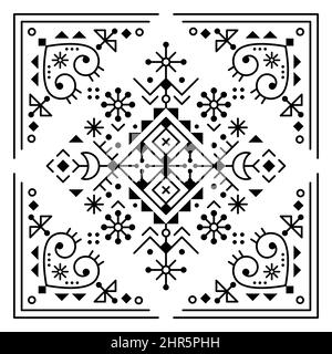 Icelandic rune folk art style tribal line art vector greeting card or invitation design with framed corners, geometric square composition with hearts Stock Vector