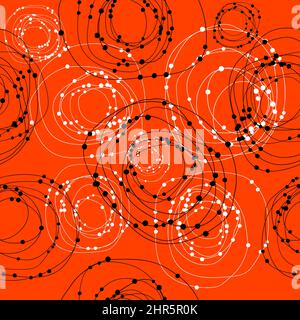 Doodle black and white concentric circles with dots seamless pattern over red background Stock Vector