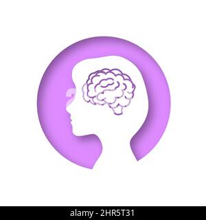 Boy head brain sign icon. Conceptual illustration of migraine in people. Silhouette of a child. Vector clipart illustration. Paper cut. Stock Vector