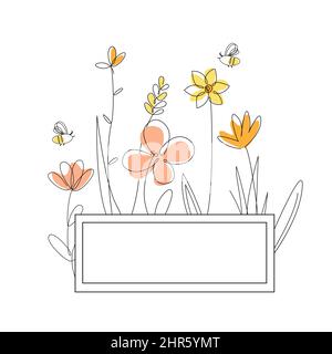 Rectangle frame with honey flowers and bees. Cartoon vector illustration, continuous line drawing style Stock Vector