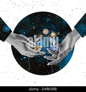 Contemporary art collage. Female hands holding garland of space planets. Concept of astronautics, dreams, astronomy, art, Day of Human Space Flight Stock Photo