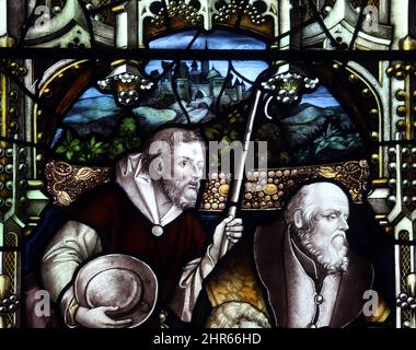 Stained glass window by Percy Bacon & Brothers, depicting the adoration of the shepherds, design; Ernest Geldart, St Mary's Church, Coddenham, Suffolk