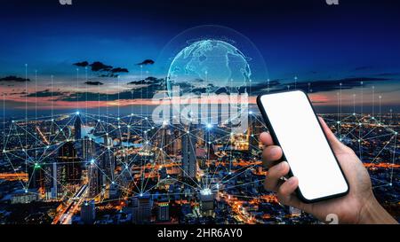 Smart connection network system, smart city network concept, 5G wireless connection. Stock Photo