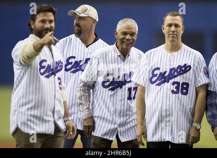 Former Montreal Expos Darren Fletcher, Larry Walker, manager Felipe alou  and Denis Boucher, left to right, line up as members of the 1994 team are  introduced prior to a pre-season game with