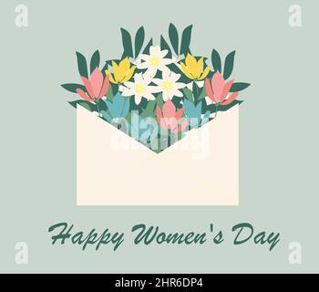 Happy Women's Day greeting card with an envelope with flowers on a light green background. vector illustration Stock Vector