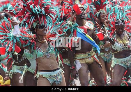 Scotiabank Caribbean Carnival participants perform in Toronto on Saturday, Aug. 2, 2014. Commonly called Caribana, the event culminated Saturday with its annual parade, which typically bustles with colourful costumes, upbeat music and dancing in the streets. THE CANADIAN PRESS/Victor Biro