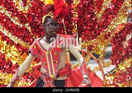 A Scotiabank Caribbean Carnival participant performs for judges in Toronto on Saturday, Aug. 2, 2014. Commonly called Caribana, culminated Saturday with its annual parade, the event culminated Saturday with its annual parade, which typically bustles with colourful costumes, upbeat music and dancing in the streets. THE CANADIAN PRESS/Victor Biro