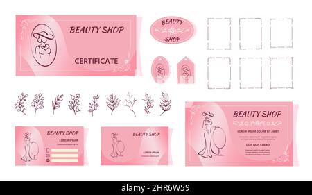 Beauty shop corporate identity. Outline of an elegant lady in evening dress. Floral frames, twigs. Hand-drawn sketch Stock Vector