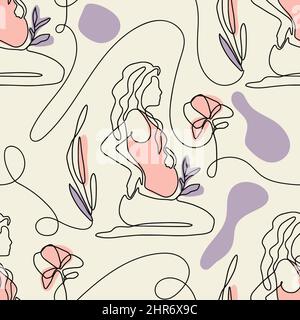 Pregnant woman seamless elegant one line beige seamless pattern Stock Vector