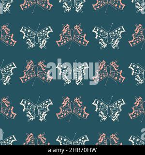 Comma butterfly vector seamless pattern background. Teal Backdrop with flying butterflies, alternating pink white. Open woodland insect with scalloped Stock Vector