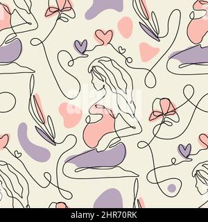 Pregnant woman seamless elegant one line beige seamless pattern Stock Vector