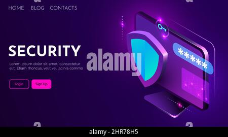 Computer protected by a shield. The concept of information protection. Landing page template Stock Vector