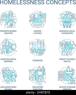 Homelessness turquoise concept icons set Stock Vector