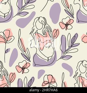 Pregnant woman seamless elegant one line beige seamless pattern Stock Vector