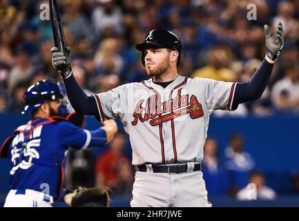 The Atlanta Braves' Freddie Freeman reacts to hitting a game-winning RBI  single in the 10th inning to beat the Minnesota Twins, 5-4, at Turner Field  in Atlanta, Georgia, Tuesday, May 21, 2013. (