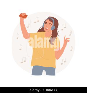 Singing favorite songs isolated cartoon vector illustration. Smiling teenage girl singing song, exited with lyrics, music fan, wearing headphones, entertainment, relaxation time vector cartoon. Stock Vector