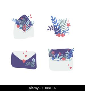 Open envelope with leaves and plant branches sticking out of it. Spring bouquet of plants. Set of vector illustrations isolated on white background Stock Vector
