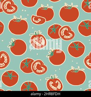Vintage vector seamless pattern with red tomatoes on a blue background. Whole fruit cut in half and quarter. Repetitive elements. Stock Vector