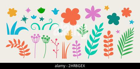 Isolated elements for flora design - flowers, buds, branch with leaves, leaves and petals. Vector multicolored flat decorative plants. Stock Vector