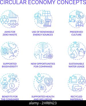 Circular economy blue gradient concept icons set Stock Vector