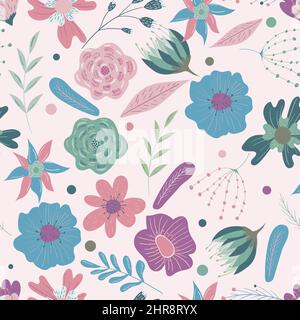 Seamless pattern of flowers in cartoon style flat Stock Vector