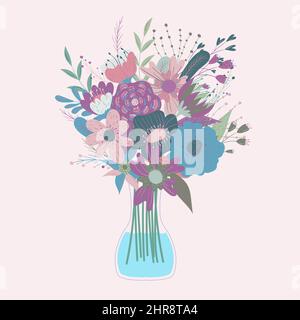 Wild and garden blooming flowers in vases. Bundle of bouquet. Decorative floral design elements. Flat cartoon vector illustration. Stock Vector