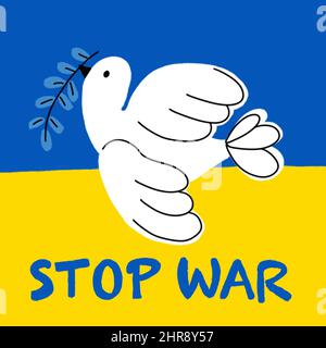 Dove of peace Ukraine Russia war stop war illustration hand drawn. Blue and yellow Ukrainian national colors. Support Ukraine drawing flying bird Stock Photo