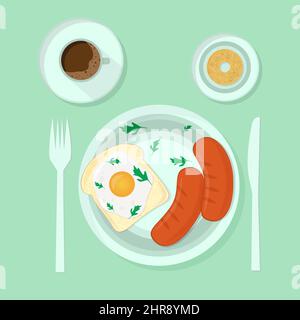 Vector breakfast time illustration with flat icons. Egg, toast, sausages, parsley, coffee, bun. Top view Stock Vector