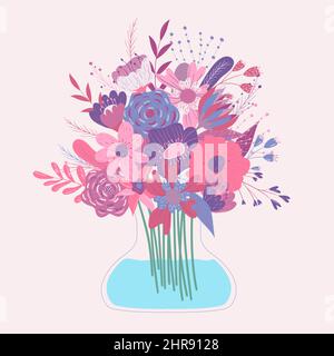Wild and garden blooming flowers in vases. Bundle of bouquet. Decorative floral design elements. Flat cartoon vector illustration. Stock Vector