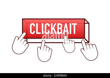 Clickbait red button. Hand click icon symbol. Cursor arrows, push button. Vector stock illustration. Stock Vector