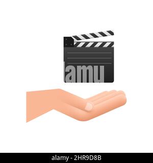 Opened clapperboard in hand. Movie clapperboard. Vector stock illustration. Stock Vector