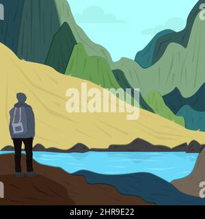 Flat design background landscape mountains with river Stock Vector