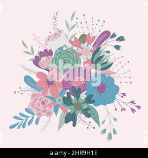 Wild and garden blooming flowers in vases. Bundle of bouquet. Decorative floral design elements. Flat cartoon vector illustration. Stock Vector