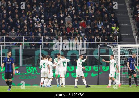 Italy, Milan, february 20 2022: Gianluca Scamacca (Sassuolo striker) scores and celebrates the 2-0 goal at 26' during football match FC INTER vs SASSUOLO, Serie A 2021-2022 day26 San Siro stadium (Photo by Fabrizio Andrea Bertani/Pacific Press) Stock Photo