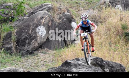 Canada's Emily Batty competes during the women's mountain bike final at the 2016 Olympic Summer Games in Rio de Janeiro, Brazil on Saturday, Aug. 20, 2016. THE CANADIAN PRESS/Sean Kilpatrick Stock Photo