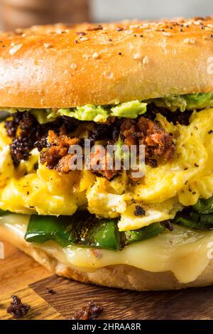 Homemade Breakfast Chorizo Egg Sandwich with Cheese and Peppers Stock Photo