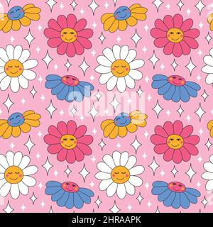 Retro daisies and sparkles on a pink background. Stock Vector