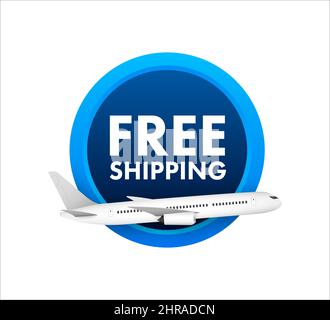 Airplane with label free shipping, E-Commerce, Air Craft. Vector stock illustration. Stock Vector