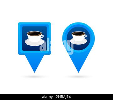 Map pointer with coffee. Pin Point cafe. Vector stock illustration. Stock Vector