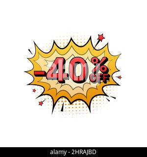 Comic speech bubbles with 40 percent OFF Sale Discount . Neon itch icon. Symbol, sticker tag, special offer label, advertising badge. Vector stock Stock Vector