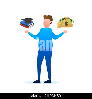 Man choosing between two options Money and education. Vector stock illustration. Stock Vector