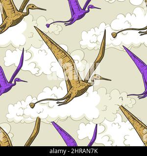 Pterodactyl dino, pterosaur cute kids baby seamless pattern. Stock Vector