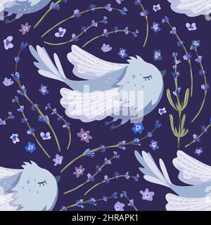Cute cartoon bird and lavender violet flowers seamless pattern on a dark background Stock Vector