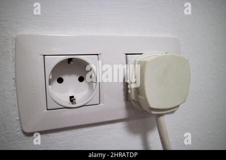 type f european power socket with british three pin plug and adaptor Lanzarote, Canary Islands, Spain Stock Photo