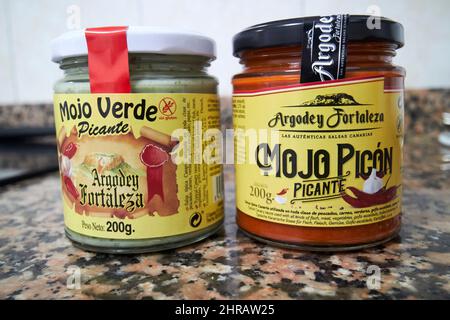 jars of canarian sauces mojo verde and mojo picante Lanzarote, Canary Islands, Spain Stock Photo