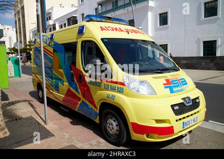 emergencia sia transporte sanitario lanzarote emergency ambulance Lanzarote, Canary Islands, Spain Stock Photo