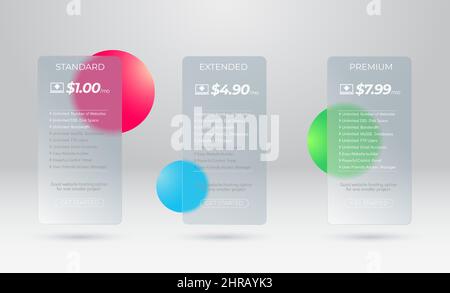 Web hosting pricing plans for websites and applications. Glass frame with trendy morphism effect. Modern subscription plan table template. Transparent Stock Vector