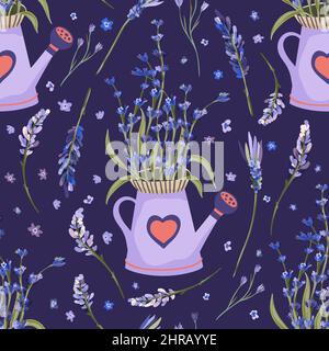 Lavender Provence flower seamless pattern on a dark purple background Stock Vector