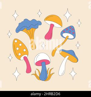 Retro mushromms and sparkles on light background. Stock Vector